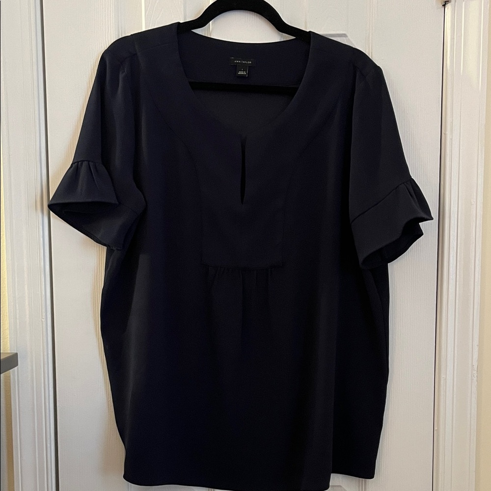 Ann Taylor Elegant Navy Blouse with Ruffle Detail